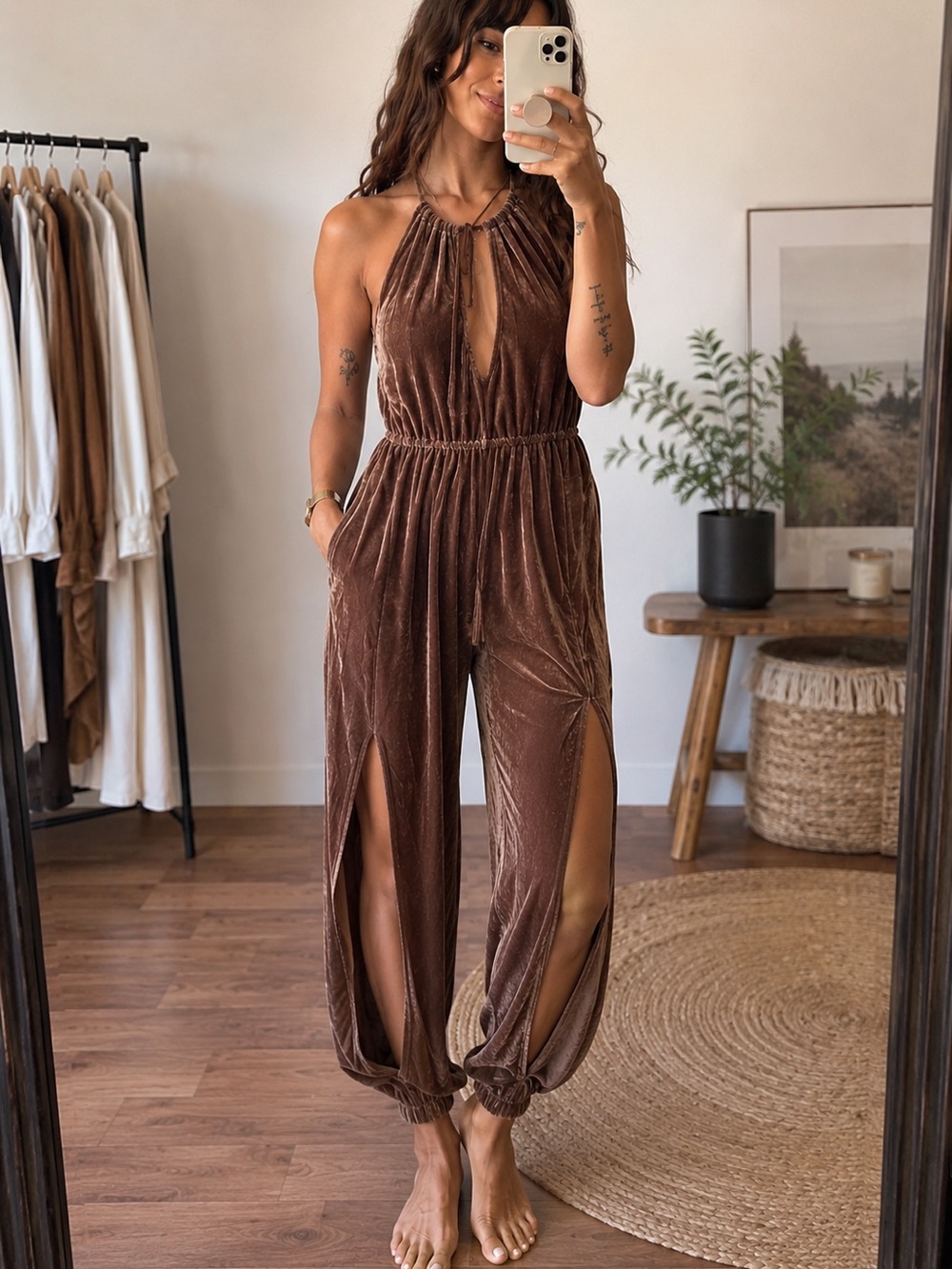 HL Velvet Side Cutout Leg Ribbed Jumpsuit in Brown Size Small